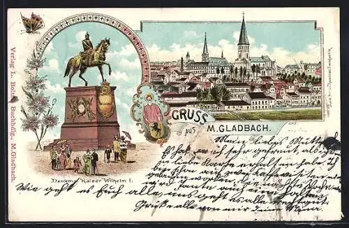 Lithographie M. Gladbach, Denkmal Kaiser Wilhelm I., Ortsansicht