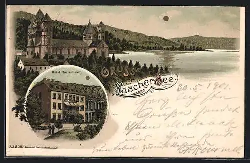 Lithographie Glees, Hotel Maria-Laach, Kloster und Laacher See um 1900