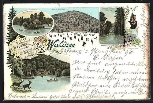 Lithographie Freiburg / Breisgau, Restaurant Waldsee, Musikpavillon, Waldsee im Winter