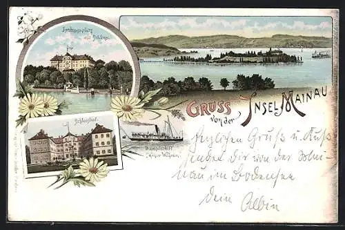 Lithographie Insel Mainau, Landungsplatz mit Schloss, Dampfer Kaiser Wilhelm