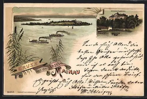 Lithographie Insel Mainau, Ortsansicht mit Dampfern, Schloss Mainau