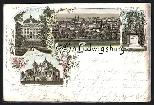 Lithographie Ludwigsburg / Württemberg, Schiller-Denkmal, Schloss, Gesamtansicht im Schmuckrahmen