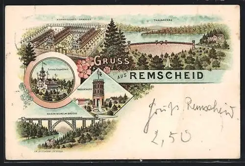 Lithographie Remscheid, Ausstellungs-Gebäude, Schloss Küppelstein, Wasserturm