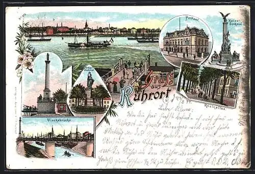 Lithographie Ruhrort, Postamt, Vinckebrücke, Rheinallee