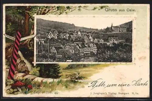 Passepartout-Lithographie Calw, Teilansicht vom Ort, Wegweiser am Waldrand