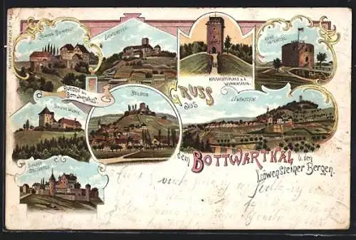 Lithographie Löwenstein / Württ., Ortsansicht, Schloss Stettenfels, Ruine Helfenberg