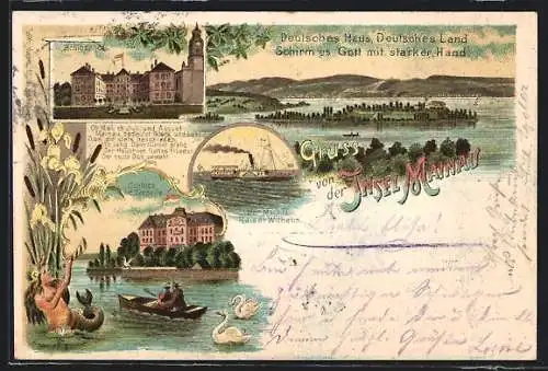 Lithographie Insel Mainau, Schlosshof, Schloss v. d. Seeseite, Dampfschiff Kaiser Wilhelm
