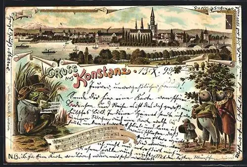 Lithographie Konstanz, Uferpartie mit Kirche, Singende Frösche und Vögel