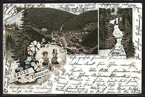 Lithographie Triberg, Panoramablick auf den Ort, Wasserfall, Mädchen in Schwarzwälder Tracht
