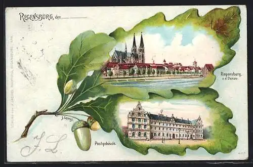Passepartout-Lithographie Regensburg, Postgebäude & Stadtansicht von der Donau aus