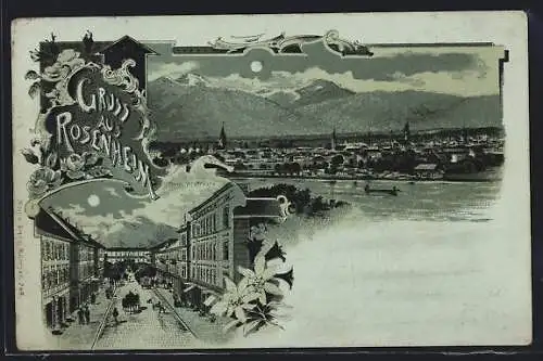 Mondschein-Lithographie Rosenheim / Bayern, Teilansicht, Bahnhofstrasse