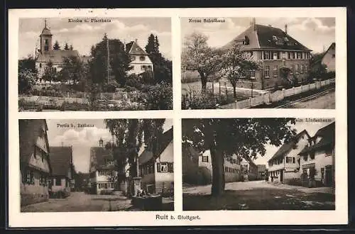 AK Ruit b. Stuttgart, Kirche und Pfarrhaus, Neues Schulhaus, Beim Lindenbaum