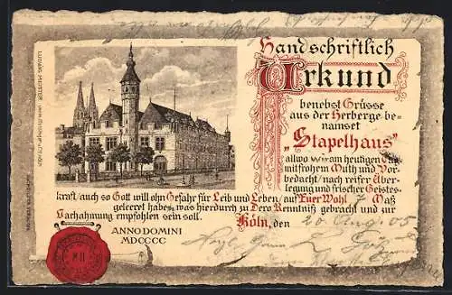 Lithographie Köln, Gasthaus Stapelhaus, Urkunde mit Siegel