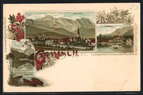 Lithographie Garmisch, Panorama, Bädersee, Risser See