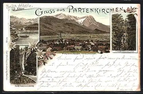 Lithographie Partenkirchen, Panoramaansicht, Eibsee, Partnachklamm
