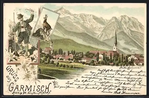Lithographie Garmisch, Totalansicht mit Wanderer in Tracht