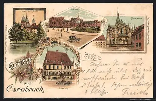 Lithographie Osnabrück, Strassenpartie mit Bahnhof, Marienkirche, Dom