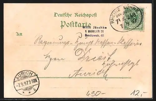 Lithographie Osnabrück, Strassenpartie mit Bahnhof, Marienkirche, Dom