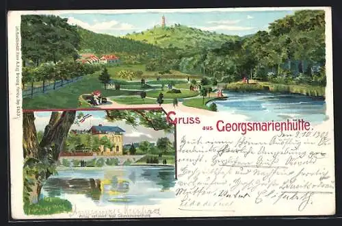 Lithographie Georgsmarienhütte, Uferpartie mit Hotel, Panorama