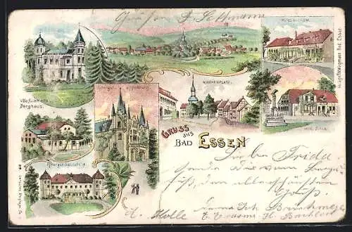 Lithographie Bad Essen, Hotel Reckum, Hotel Sieck, Rittergut Hünnefeld, Kirchenplatz