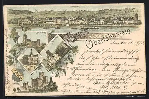 Lithographie Oberlahnstein, Ortspanorama, Martinsburg, Rathaus, Stolzenfels, Lahneck