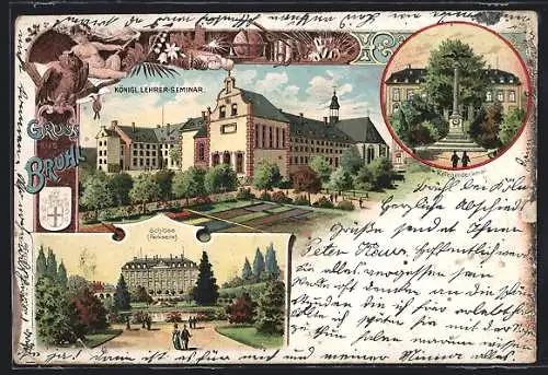 Lithographie Brühl / Köln, Schloss, Königl. Lehrer-Seminar, Kriegerdenkmal