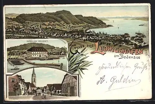 Lithographie Ludwigshafen / Bodensee, Totalansicht aus der Vogelschau, Hafen & Zollamt, Hotel Adler