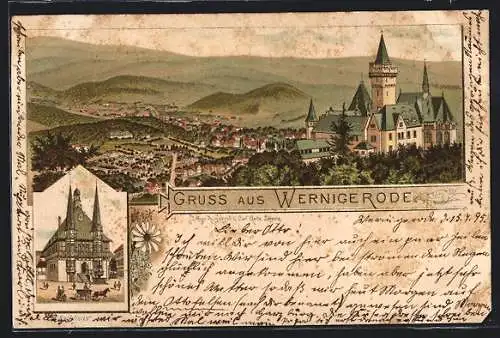 Vorläufer-Lithographie Wernigerode, 1895, Totalansicht mit Schloss, Rathaus