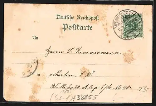 Vorläufer-Lithographie Wernigerode, 1895, Totalansicht mit Schloss, Rathaus