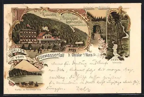 Lithographie Goslar, Restauration und Pensionshaus Gosewasserfall, Partie am Herzberger Teich