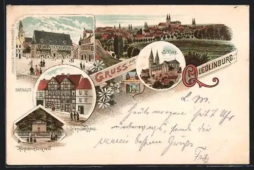 Lithographie Quedlinburg, Panorama, Schloss und Klopstockdenkmal