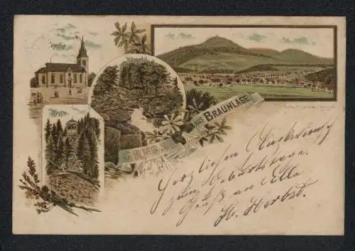 Vorläufer-Lithographie Braunlage, 1893, Kirche, Klippe, Wasserfall