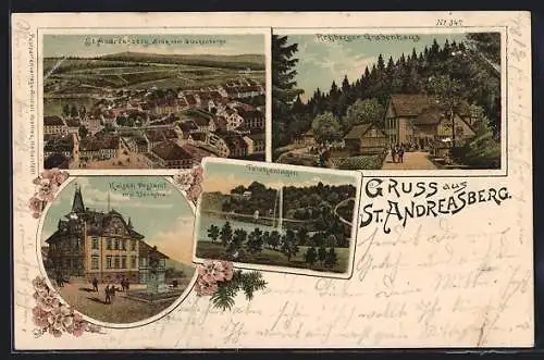 AK St. Andreasberg, Ortsansicht vom Glockenberg, Rehberger Grabenhaus, Postamt mit Denkmal