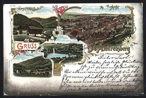 Lithographie St. Andreasberg, Gasthaus Schluft, Oderhaus, Ortsansicht aus der Vogelschau
