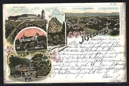 Lithographie Ilsenburg, Schloss, Brocken-Ansicht, Ilsenstein