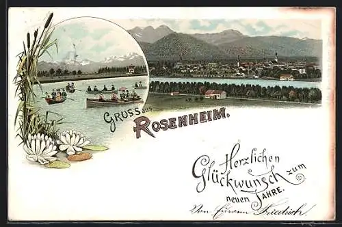 Lithographie Rosenheim / Bayern, Teilansicht, Uferpartie mit Booten, Neujahrsgruss