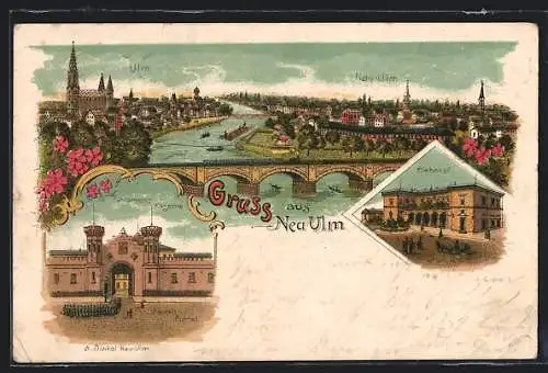 Lithographie Neu-Ulm, Infanterie Kaserne, Bahnhof, Donaubrücke als Ortstrennung, Ulmer Münster