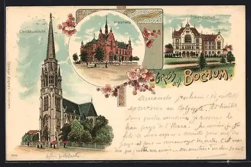 Lithographie Bochum, Christuskirche, Kreishaus, Oberrealschule