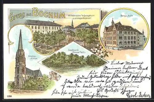 Lithographie Bochum, Wilhelmsplatz m. d. Amtsgericht u. d. Kriegerdenkmal, Bergschule