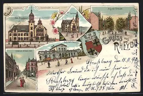Lithographie Rheydt, Neue Post, Berg. Merk. Bahnhof, Friedrich-Wilhelm Strasse