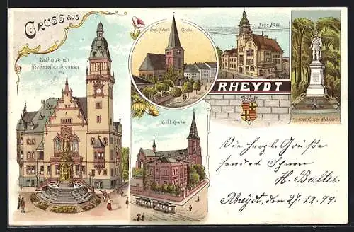 Lithographie Rheydt, Rathaus mit Hohenzollernbrunnen, Kath.Kirche Denkmal Kaiser Wilhelm I