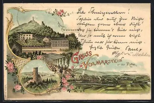 Lithographie Volmarstein an der Ruhr, Hotel Wehberg, Teilansicht mit Kaiser Wilhelm Denkmal Hohensyburg, Ruine