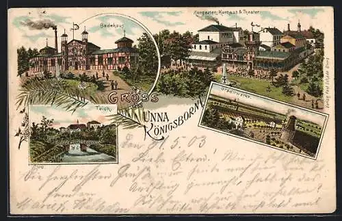 Lithographie Königsborn / Unna, Badehaus, Gradirwerk, Teich