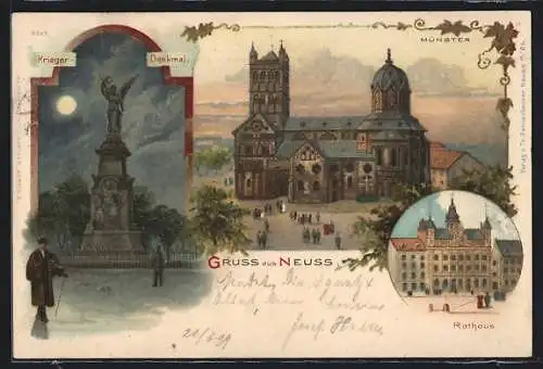 Lithographie Neuss, Blick auf Münster, Rathaus und Krieger-Denkmal