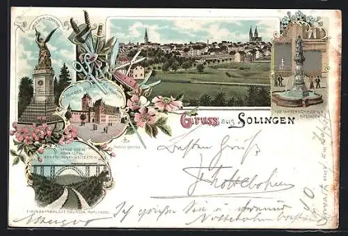 Lithographie Solingen, Kriegerdenkmal, Schloss Burg an der Wupper