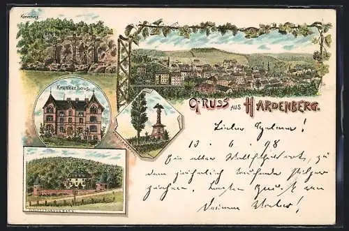 Lithographie Hardenberg / Neviges, Schloss Hardenberg, Krankenhaus, Kreuzberg