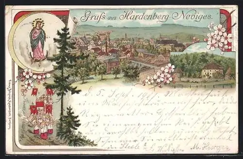 Lithographie Hardenberg-Neviges, Ortsansicht, Festzug