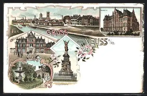 Lithographie Neuss a/Rh, Marianum, Bahnhof, Kriegerdenkmal, Promenade