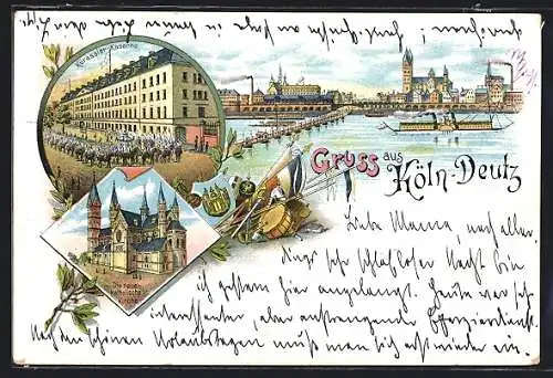 Lithographie Köln-Deutz, Kürassier-Kaserne, Die neue katholische Kirche, Uferpartie mit Dampfer
