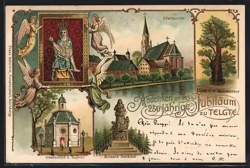 Lithographie Telgte, Pfarrkirche, Linde v. d. Münsterthor, Gnadenbild und Kapelle